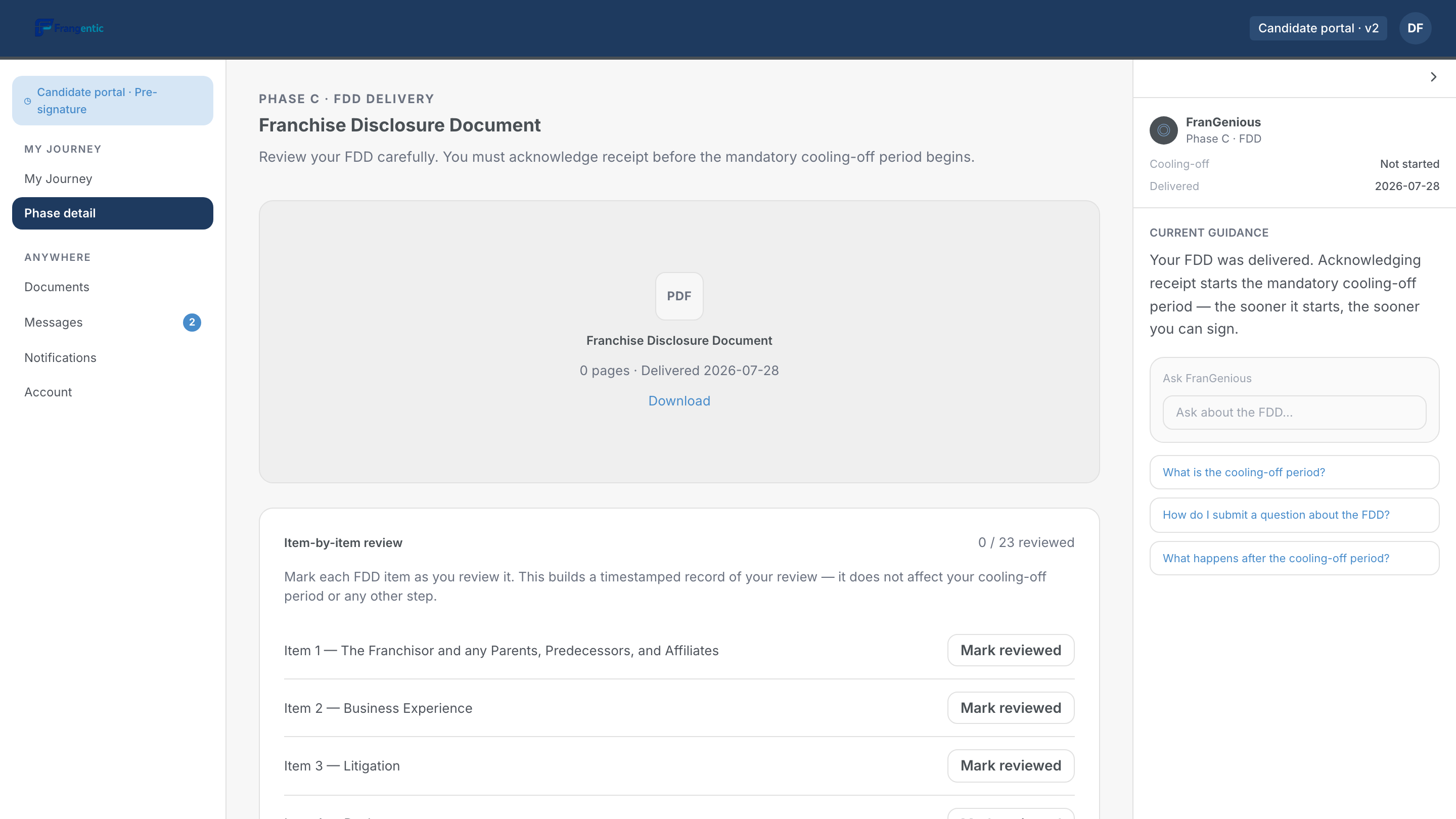 Frangentic candidate portal — Franchise Disclosure Document delivery, with receipt acknowledgment, mandatory cooling-off period tracking, and item-by-item FDD review